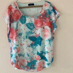 Tahari Floral Women's Blouse in Coral and Teal